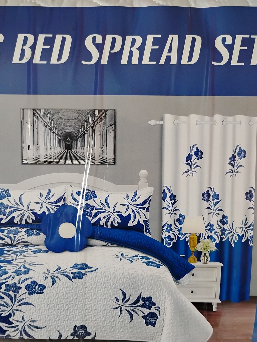 Blue Floral Quilted Bedspread Set -